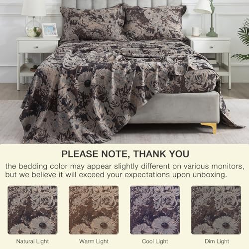 Image of Brown Floral Muslin Sheets Queen, Shabby Rose Daisy Chic Soft Deep Pocket Sheet Set, Dark Flower Luxury Vintage Bed Sheets, Cottage Core Designer Bedding, 100% Washed Cotton, 4Pcs