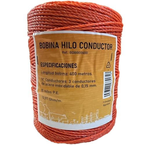 Llampec Hilo Pastor Eléctrico 400m x 2mm Naranja – Cinta 3 Conductores Acero Inoxidable – Alta Conductividad y Resistencia UV – Cable Valla Eléctrica para Caballos, Vacas y Perros – Bobina Pastor