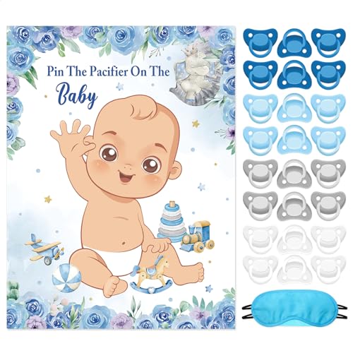 Faccito Pin The Pacifier Baby Shower Games Blue Elephant Baby Shower Decorations Include Large Poster 24 Pacifier Stickers Blindfold Pin Game Set for Blue Elephant Birthday Party Decor Game Supplies