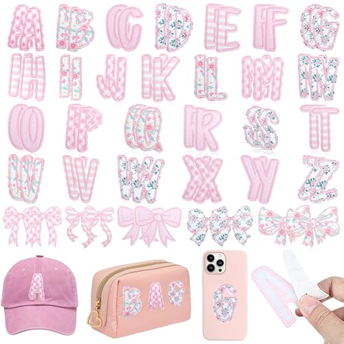 NICEVINYL Self-Adhesive Letter Patches for Backpacks: 62Pcs Pink Letters Fabric Stickers Patches for Bags - Cute Bows Patch Stick on Clothing Jackets Jeans Backpacks Hats DIY Accessories