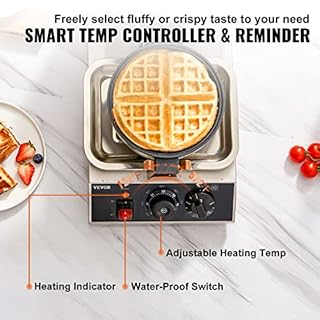VEVOR Commercial Waffle Maker, 1300W Round Waffle Iron, Non-Stick Rotatable Waffle Baker Machine With 122-572℉ Temp Range and Time Control, Teflon-Coated Baking Pan Stainless Steel Body 120V