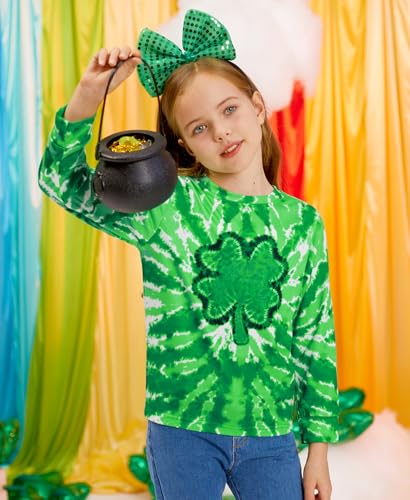 Image of Unisex Kids St. Patrick's Tie Dye Irish Clover Long Sleeve Shirt Shamrock Green Sweatshirt 6-14 Years