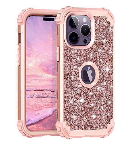 LONTECT for iPhone 14 Pro Max Case Glitter Sparkly Bling Shockproof Heavy Duty Hybrid Sturdy High Impact Protective Cover Case for Apple iPhone 14 Pro Max, Shiny Rose Gold