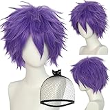 ESUNO Hair Cap+Short Purple Anime Wig Unisex Purple Cosplay Wigs Adult Layered Fluffy Wig Short Straight Hair Spiky Anime Outfit Fashion Messy Costume for Party Halloween Christmas Cosplay