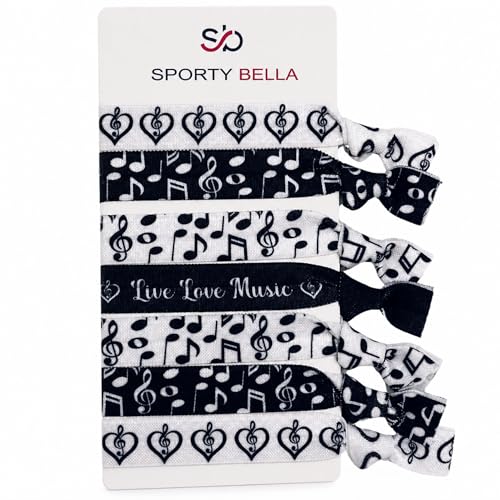 SportyBella Music Hair Ties – No Crease Elastic Bands, Music Note & Treble Clef Hair Accessories, Gifts for Musicians, Music Lovers & Band Students 7PC Set