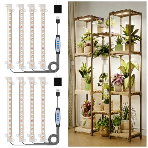 Kullsinss 8 inches LED Grow Light Strips Full Spectrum Grow Lights for Indoor Plants with 6/12/16H Timer 5 Dimmable Levels Plant Light for Seedling Succulent Ideal for Plant Shelf (4 Strips*2pcs)