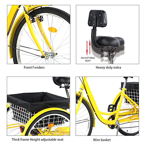 Prijesse 26 Inch Adult Tricycle, 7 Speed 3 Wheel Bike For Women Men, Cruise Trike Bike With Shopping Basket, Adjustable Seat, Multiple Colors (Yellow) #TOP1