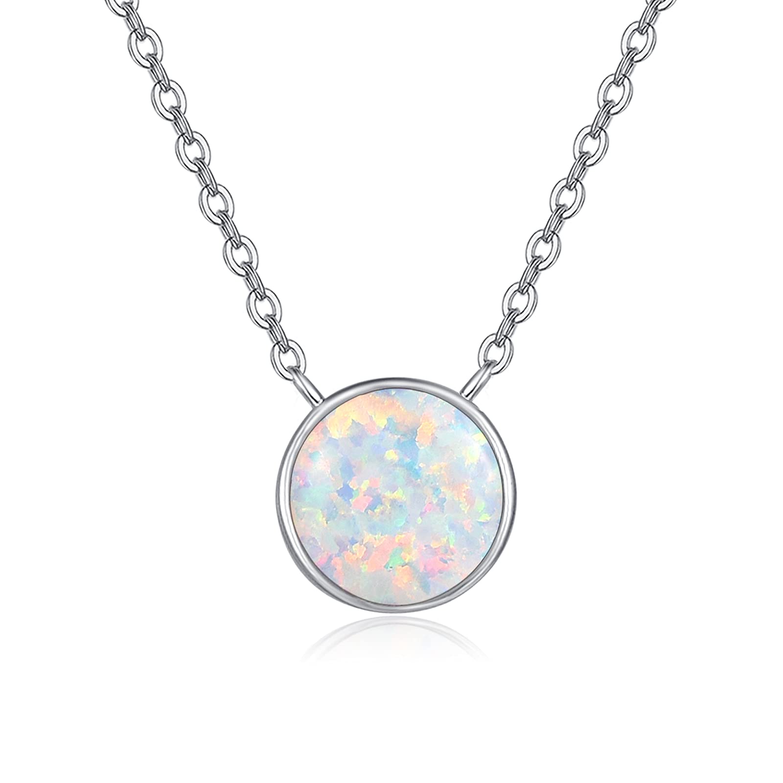 TANGPOETDainty 8mm Opal Necklace for Women 925 Sterling Silver Circle Pendant Necklace Lab Created Opal Jewelry Gift for Birthday with 18"+2" Chain