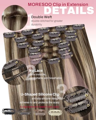 Image of Moresoo Clip in Hair Extensions Remy Double Weft Human Hair Clip in Extensions Straight Hair Extensions for Women Dark Brown Highlight with Caramel Blonde 7pcs 120g 24inch