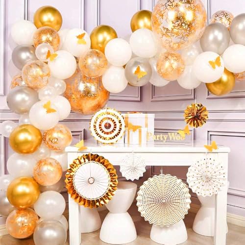 Image of Pop The Party Premium Gold & White Paper Fan Decoration Set | Shimmer Metallic & Polka Dot Rosette Fans for Birthday, Wedding, Anniversary, Party & Home Decor (Set of 8)