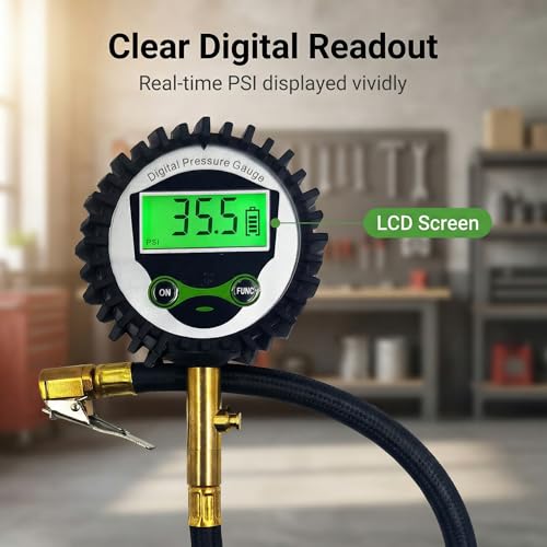 Image of SUVCARMPING 250 PSI Digital Tire Pressure Gauge, Heavy Duty Air Pressure Gauge with Backlight LCD (±1% Accurate), Professional Tire Gauge Kit with 4-Way Valve Tool Valve Caps Cores for Car Truck, Bike