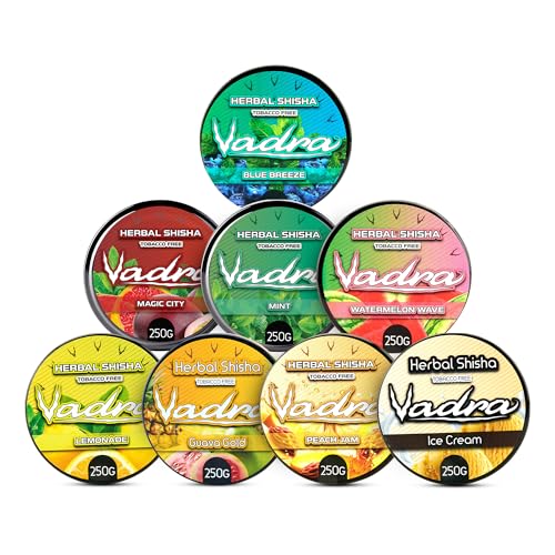 Vadra Herbal Flavor Variety Pack – 8 Flavors | Magic City, Mint, Blue Breeze, Guava Gold, Peach Jam, Ice Cream, Lemonade & Watermelon | Nicotine Free and Tobacoo Free
