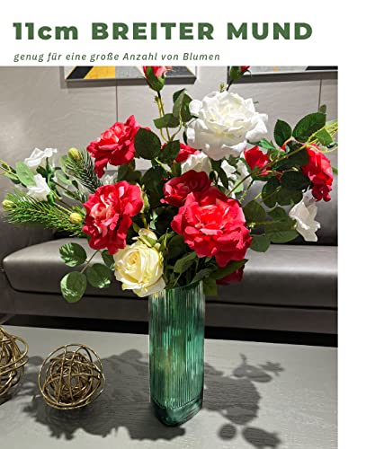 Tulpenvaas voor woonkamer, decoratie, 28 cm x 11 cm, vaas voor pampasgras, driehoek groen glas, bloemenvaas, tafeldecoratie, eettafel - Afbeelding 3