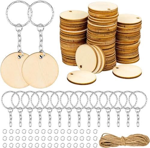 Dreamtop 100 Pcs Llaveros de Madera, con 100 Rodajas Madera Natural con Agujeros, 50 Llaveros y 10m Cuerda, para Pintar Manualidades Adornos Proyectos Personalizados