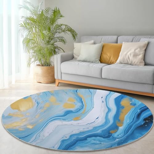Tapis rond lavable en machine 150 cm tapis imprimé bleu et or - 8