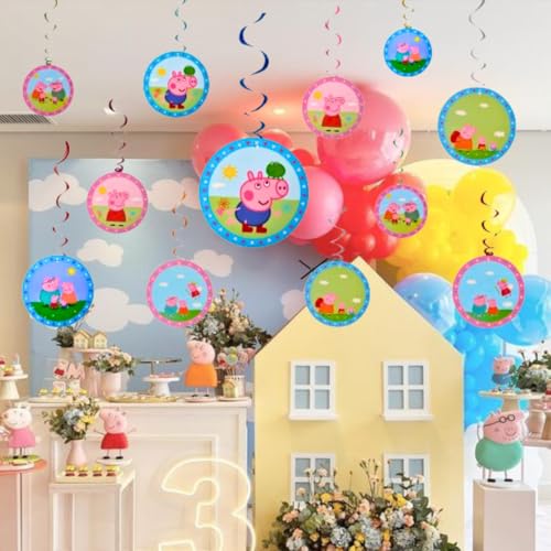 Image of WP WANNA PARTY Cartoon Pig Swirl Hanging Decorations - Cute Spiral Ceiling Hangings For Girls Birthday Theme Party, Baby Shower, Farm Theme, Kids Room Decor - Pack Of 12