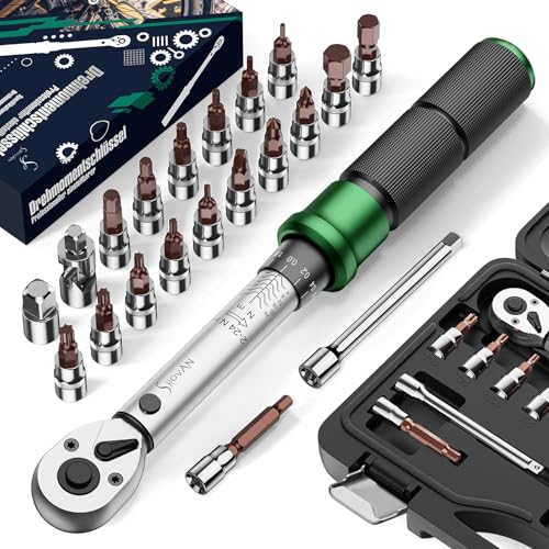 21PCS Bike Torque Wrench Set 2-24 Nm, 1/4" Drive, ±3% Accuracy, 72 Teeth Dual-Direction Adjustable, with Extension Bar, Socket Bits (Hex & Torx & Phillips), for Mountain Bike, Bicycle Repair