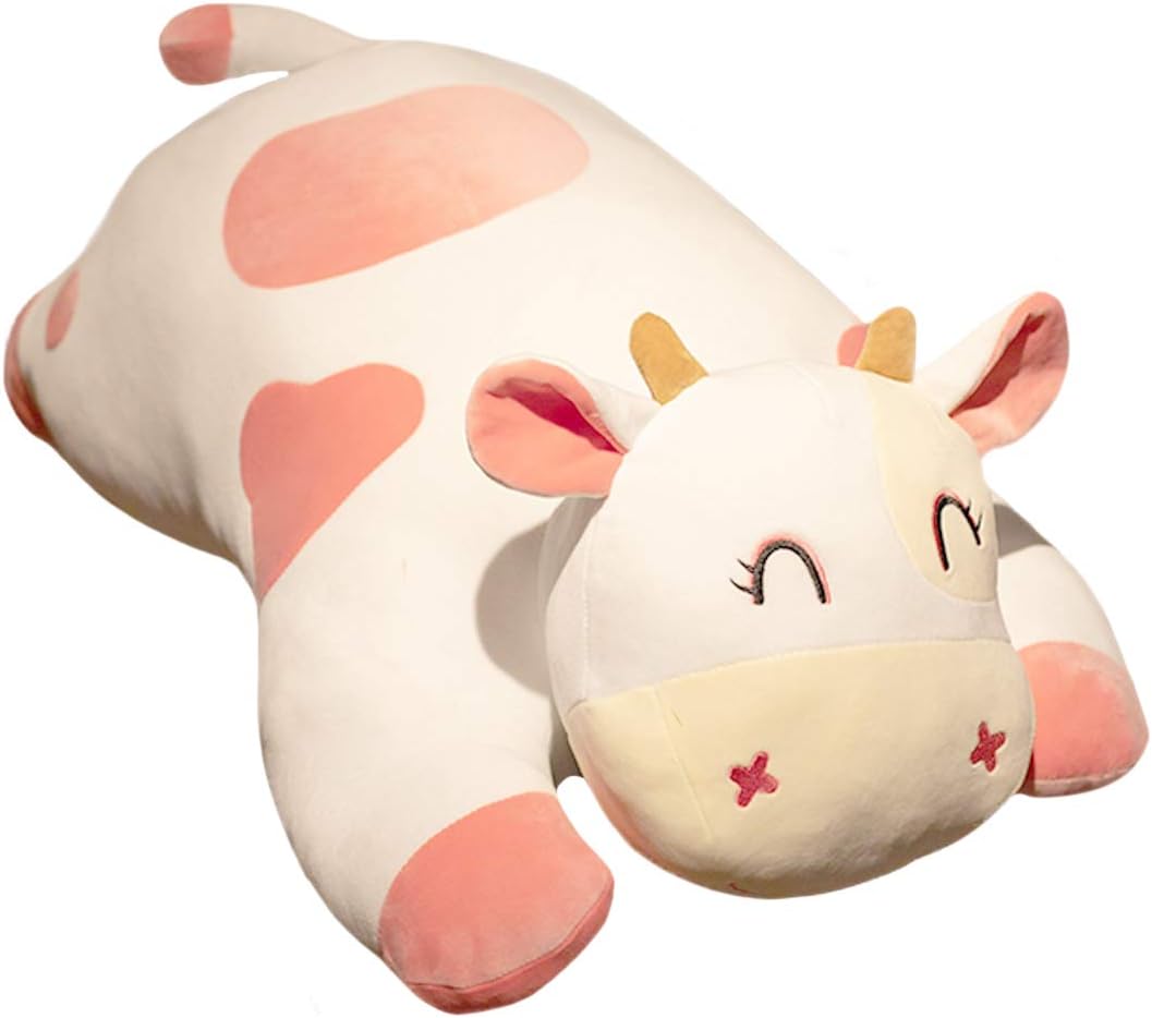 ELAINREN Valentine's Pink Cow Stuffed Animals Pillow Ultra-Soft Farm Dairy Cattle Plush Toy Floppy Milk Calf Plushie Cushion Decor Gifts/25.6''