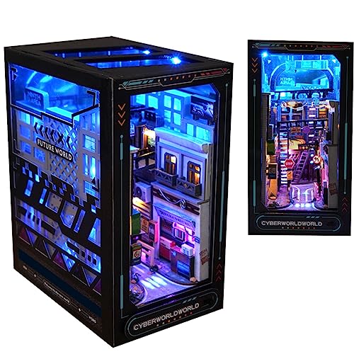 DIY Dollhouse Booknook Bookshelf Insert Decor,DIY Book Nook Kit, 3D Wooden Puzzle with LED Lighting...