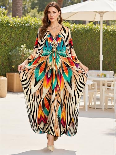 Image of IMAGEKOPE Women's Plus Size Animal Print V-Neck Batwing Kaftan Beach Dress Bathing Suit Cover-Up Loungewear