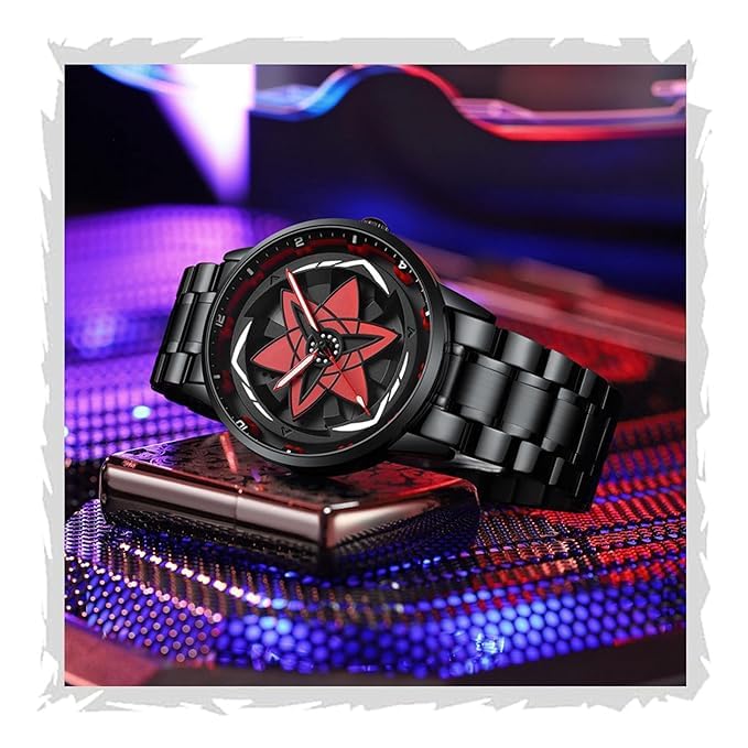 Image of Gyro Men's Black Dial Analogue Watch New Wheel Spinning Creative Fashion League Fans Butterfly Double Snap Gift Wrist Watch (Red,6)