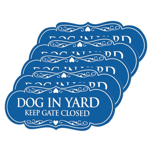 Signs ByLITA Designer Dog in Yard Keep Gate Closed Wall or Door Sign - Easy to Install | Durable Dog Safety Signs (Blue) - X-Large 5 Pack