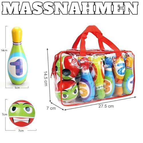 MandA Bowling Set für Kinder | Kegelspiel mit Tragetasche | Kinderspielzeug | Tolles Geschenk für Kinder von 2 bis 6 Jahren | mit 10 bunten Bowlingkegeln (14,5 cm) & 2 weichen Schaumstoffbällen.