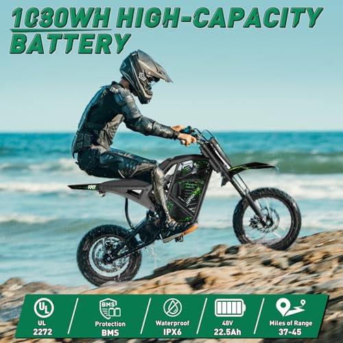Image of Windone RM7 Electric Dirt Bike for Teens & Adults, 48V 22.5Ah, 37MPH & 45-Mile Electric Motorcycle, 2200W Ebike, 14 inch /12 inch Off-Road Tire E-Bike, Dual Hydraulic Brakes, Full Suspension, Fit Age 13+