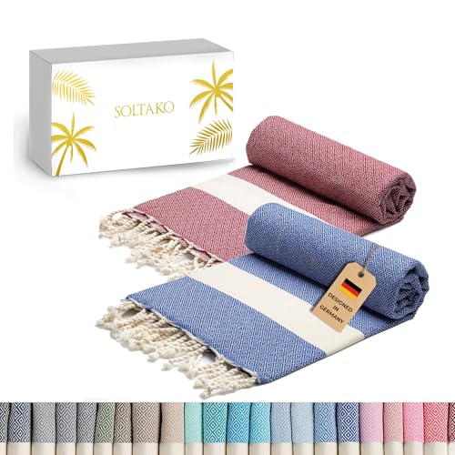 SOLTAKO Premium Hamamtuch Diamant Fouta 2er Set 100x200, Blau/Bordeaux – Ansicht 1