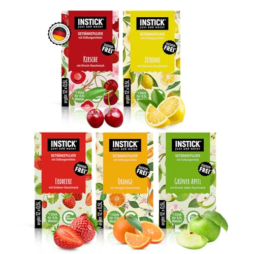 INSTICK Zuckerfreies Instant-Getränk (Bundle Frucht-Mix) verschiedene Klassik Sorten 5x12 Sticks - 1 Stick für 0 5-1 L - Veganes Getränkepulver Kalorienarm & Vitamin C - Instant-Pulver
