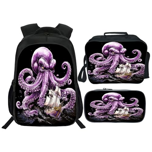 Neximag Mochila de polvo, conjunto de 3 peças para meninos, meninas, crianças, bolsa escolar de polvo do oceano com lancheira e estojo, grande capacidade para ensino fundamental