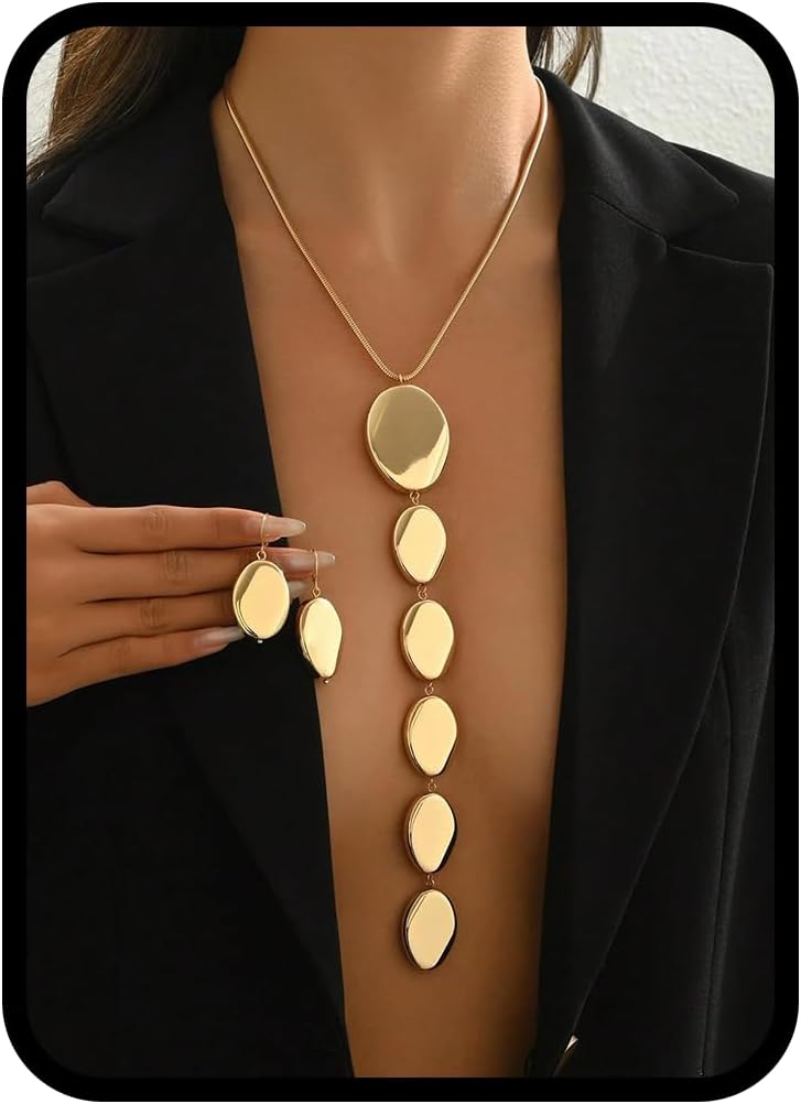 Statement Necklace and Earrings Set – 2PCS Gold Silver Chunky Geometric Pendant Jewelry with Snake Chain, Asymmetrical Ellipse Y-Necklace Metallic Fashion Jewelry for Women