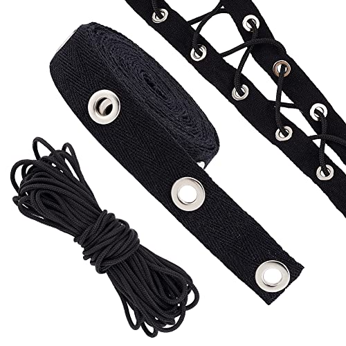 BENECREAT 3 Yard/2.74M 20mm Wide Black Cotton Grommet Eyelet Twill Tape Trim with 10Yards/9M 3mm Round Polyester Braided Ribbons for Sewing Crafts Making