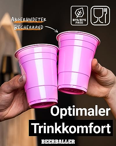 BeerBaller® Pink Cups - 25 pinke Beer Pong Becher & 3 Bier Pong Bälle | spülmaschinenfest & wiederverwendbar | 473ml - 16oz Partybecher | rosa Bierpong Becher Set | Original American Beerpongbecher
