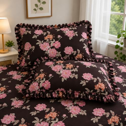 Image of 320 TC Premium Soft Cotton Feel Microfiber Elastic Fitted Bedsheet King Size (72 x 78 x 8 Inch) with 2 Frill Pillow Covers | All Around Elastic Double Bed Sheet | Coffee