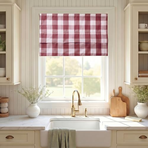 Image of TWOPAGES No Drill Cordless Buffalo Red Plaid Roman Shades Gingham Checkered Roman Blinds for Windows, Customized Room Darkening Blackout Blinds Farmhouse Shades, 1 Piece