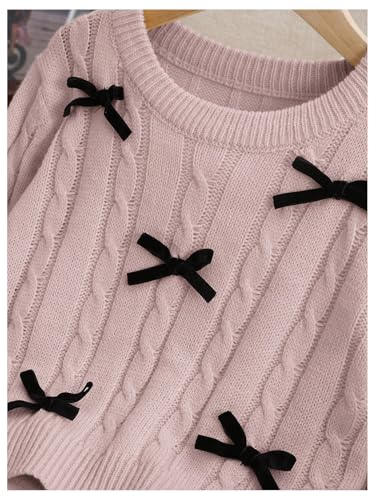 Image of SweatyRocks Girl's Cable Knit Sweater Cute Bow Crewneck Long Sleeve Pullover Sweater