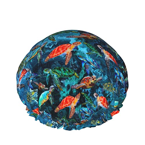 Image of Sea Turtle Shower Cap For Women Adjustable Double Waterproof Layers Bathing Bath Cap Hair Protection Reusable Ladies Spa Salon Shower Hat