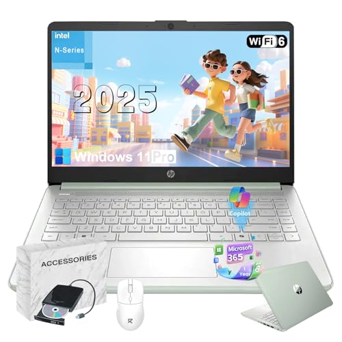 HP 2025 14' Everyday Laptop for Student & Business - 16GB RAM, 128GB UFS & 256GB SD Card • Intel Quad-Core N150 Processor • Ai Copilot • Win11 Pro • 1 Year Office 365 • w/Accessories (Green)