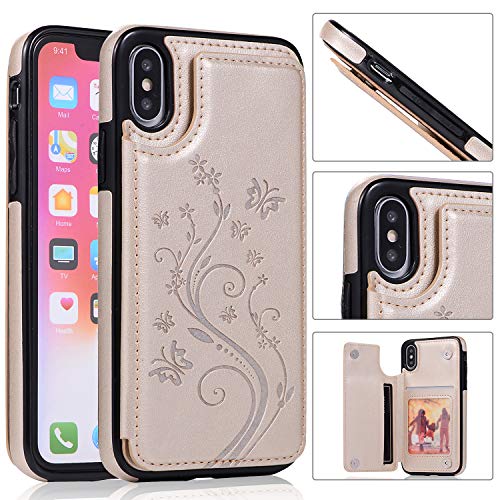 QFUN Back Wallet Case for iphone X/XS with Stand, Elegant Embossed Design [Butterfly Flower] Lightweight Slim Fit Leather Phone Case with Card Holder Protective Bumper Flip Cover - Gold