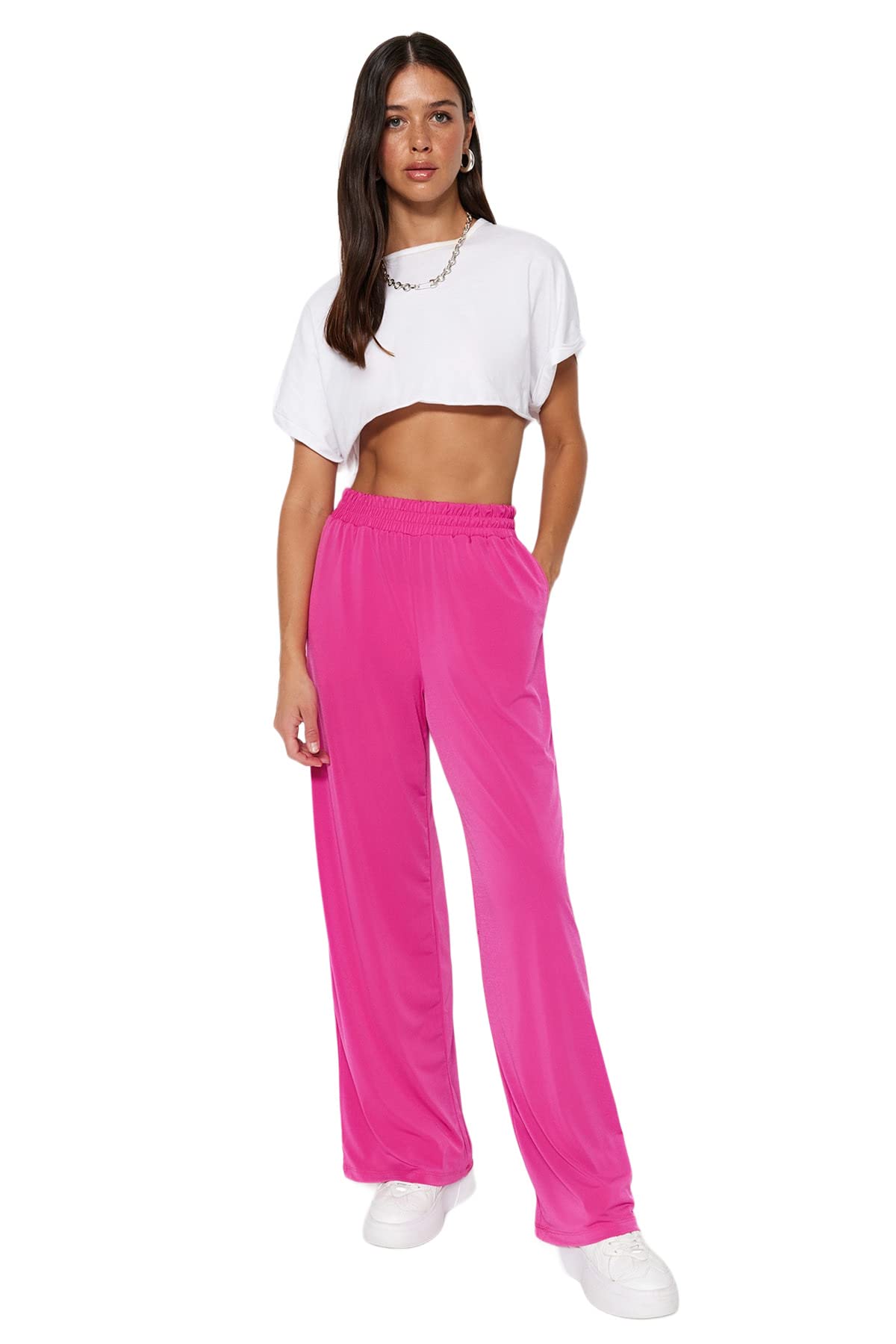 Trendyol Woman Normal Waist Wide Leg Fitted Trousers,Fuchsia,XS