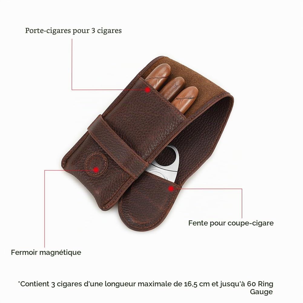 Hiram - Étui à cigares en cuir véritable avec humidificateur portable multifonctionnel pour voyage - Boîte à cigares et étui à pipe à tabac pour hommes, For 3 Cigars, Vintage