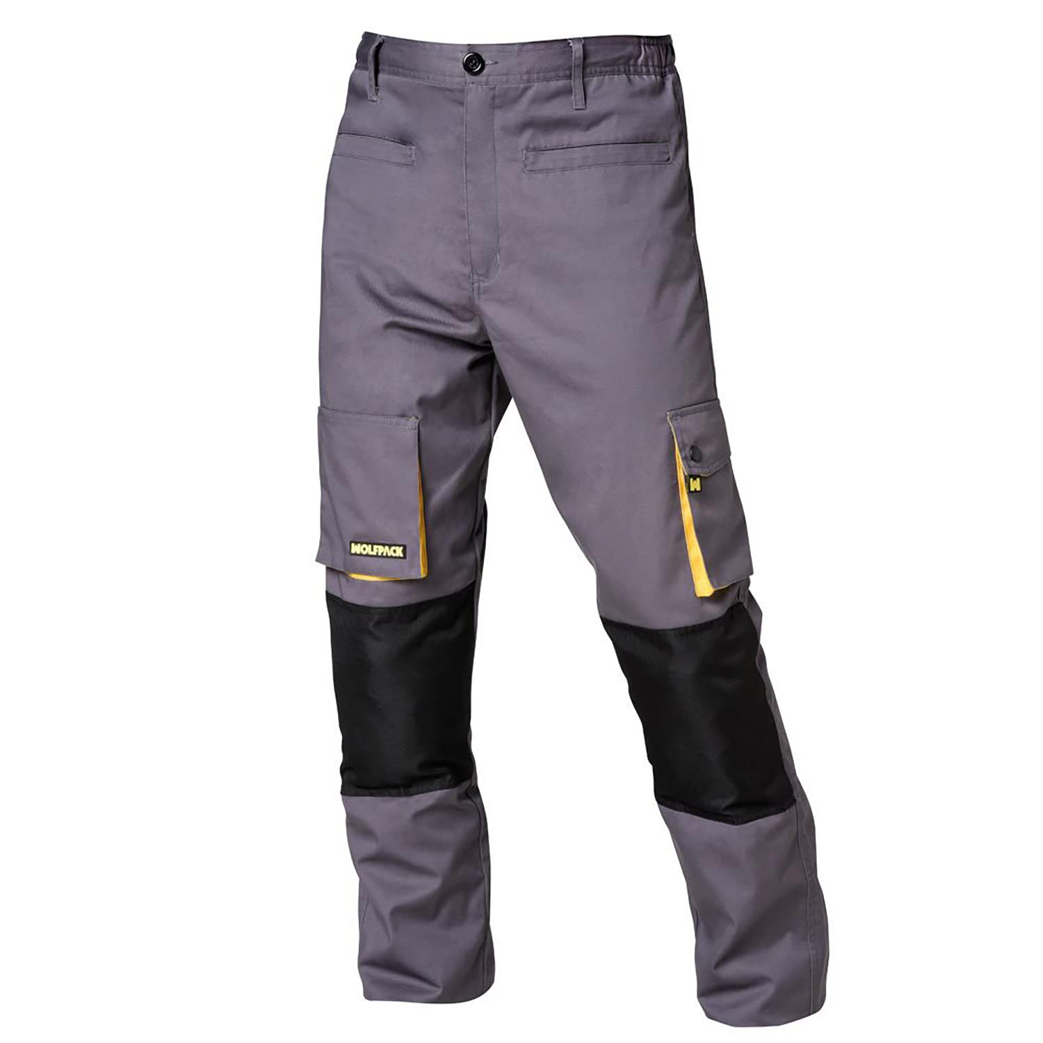 Wolfpack Linea Profesional Pantalones Largos DeTrabajo, Multibolsillos, Resistentes, Rodilla Reforzada, Gris/Amarillo Talla 54/56 XXL
