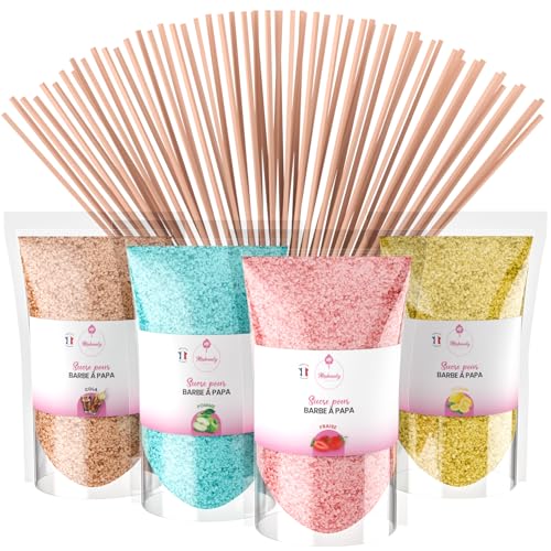 Misskandy® algodón de azúcar para máquina- Pack de 4 * 160Gr - (Sabores Naturales): Sabores: Fresa/Manzana/Cola/Limón + 50 palitos (gratis)