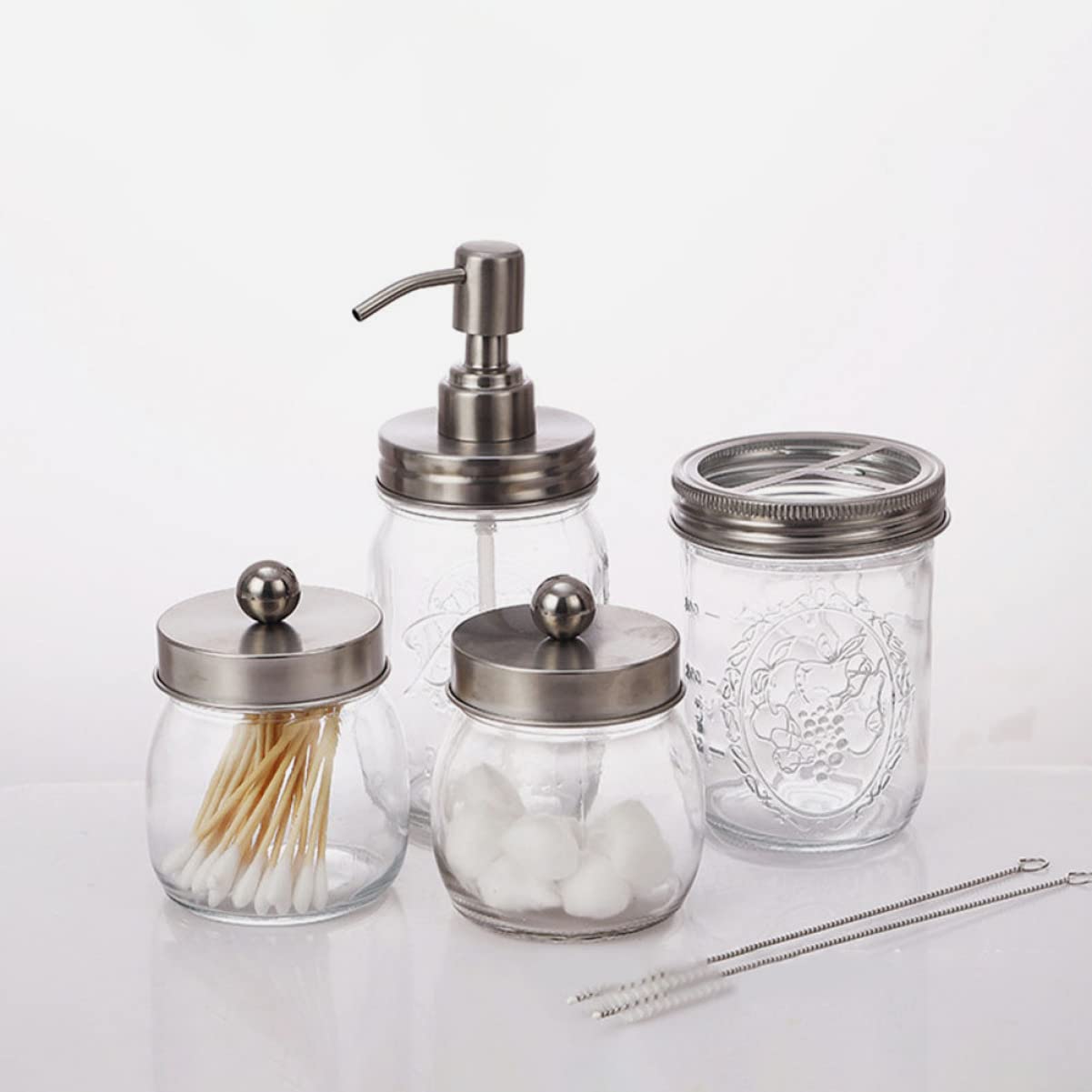 PRETYZOOM Juego de Accesorios de Baño Vidrio Transparente 4 Piezas Vaso para Cepillo de Dientes Botella Dispensadora Tapa Plateada Práctico para Hogar, Hotel y Dormitorio