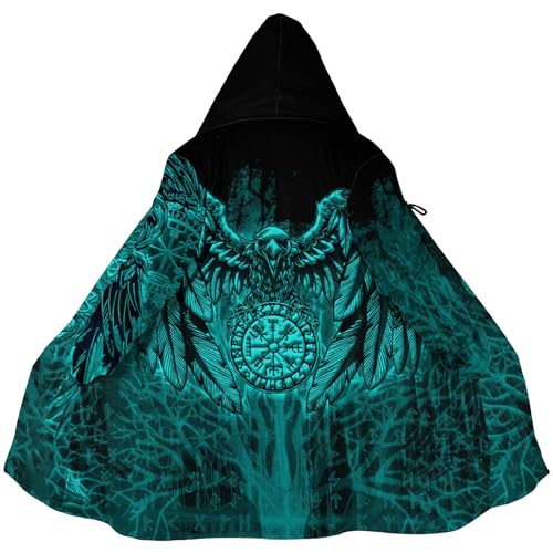 Viking Raven Winter Men's Coat Parka Mid Long Warmth Coats Norse Myth Rune Printed Hooded Cloak Cape Street Clothes