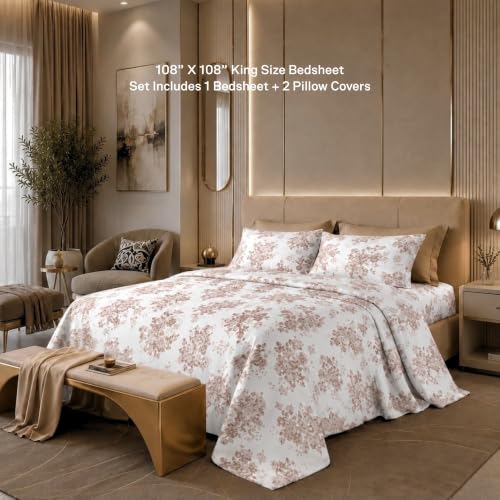 Image of Jaipur Weaves Cotton King Size Bedsheet 108x108 Super King, 100% Pure Cotton Bed Sheet with 2 Pillow Covers, 300 TC Soft Breathable Floral Design Bedding (Brown Meadows, Super King)
