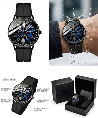 Image of Oculus Men's 3D Car Wheel Rotating Watch, Luxury Sport Quartz with Hollow Hub Dial, Magnetic Silicone Strap, Automotive-Inspired Design, Black Magnetic Straps