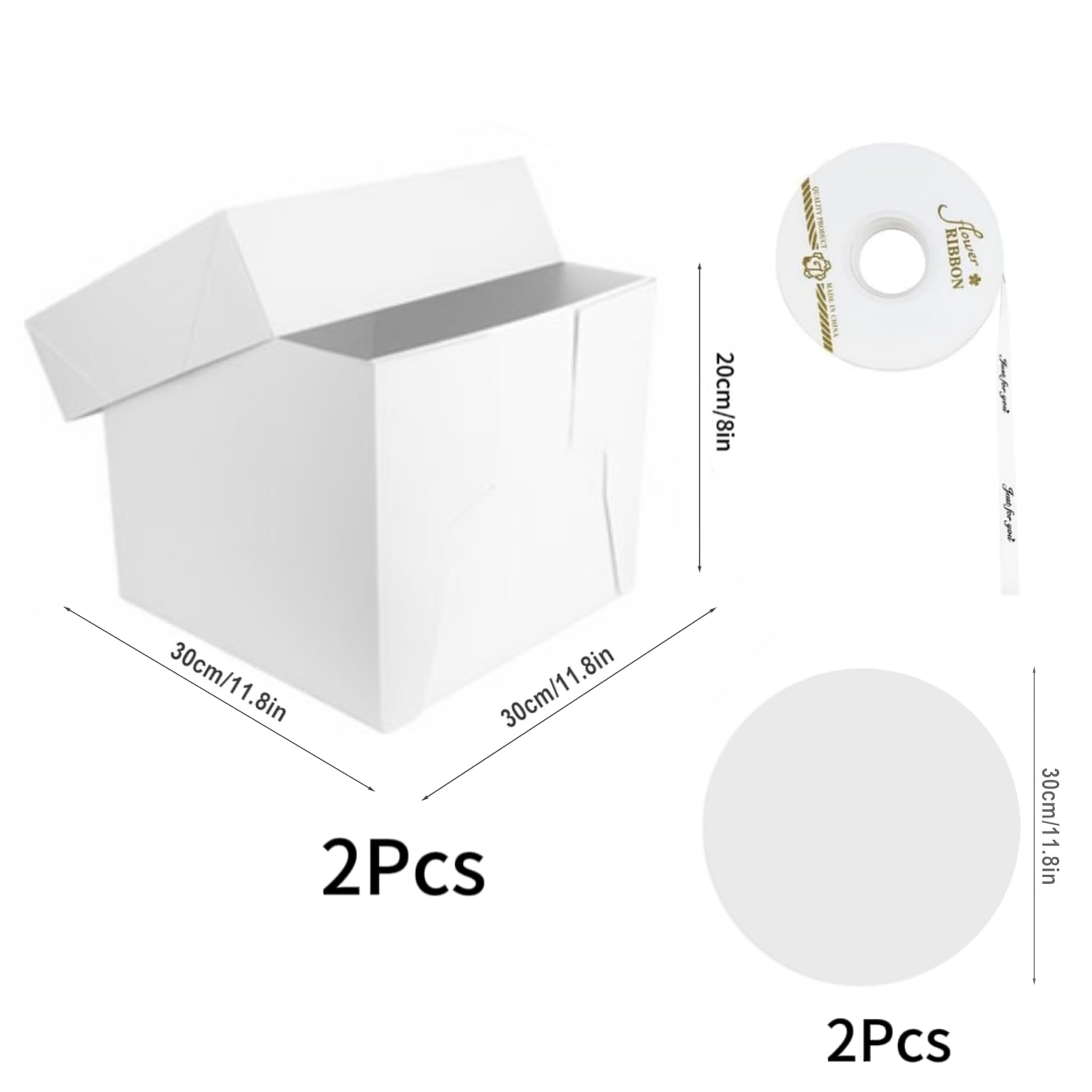 Zestaw pudełek na tort, 2 sztuki, wysokie 30 x 30 x 20 cm, z paterą na tort, białe pudełko transportowe na tort, pudełko na tort, pudełko na tort 30 x 30 cm z satynową tasiemką i naklejkami, pudełko