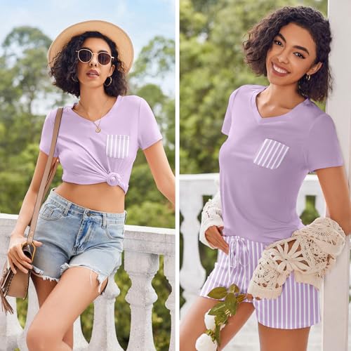 Image of Ekouaer Womens Pajama Sets Short Sleeve Pajamas for Women Sets Soft Lounge Sets Casual V Neck Sleepwear PJS